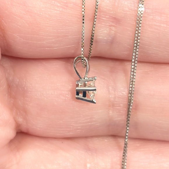 Vintage 14K White Gold Diamond Solitaire Necklace: Princess Cut Dainty Pendant - Picture 7 of 11